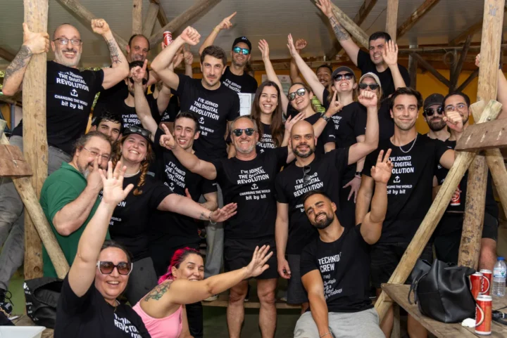 group celebrating in wooden structure